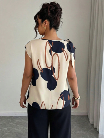 Elenzga Plus Size Women's Spring/Summer Solid Color Floral Print Tie Shoulder Blouse, Suitable For Casual, Fashion Street Style, And Office Wear Chic