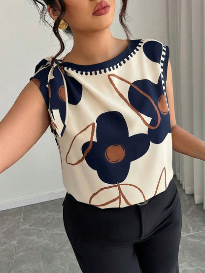 Elenzga Plus Size Women's Spring/Summer Solid Color Floral Print Tie Shoulder Blouse, Suitable For Casual, Fashion Street Style, And Office Wear Chic