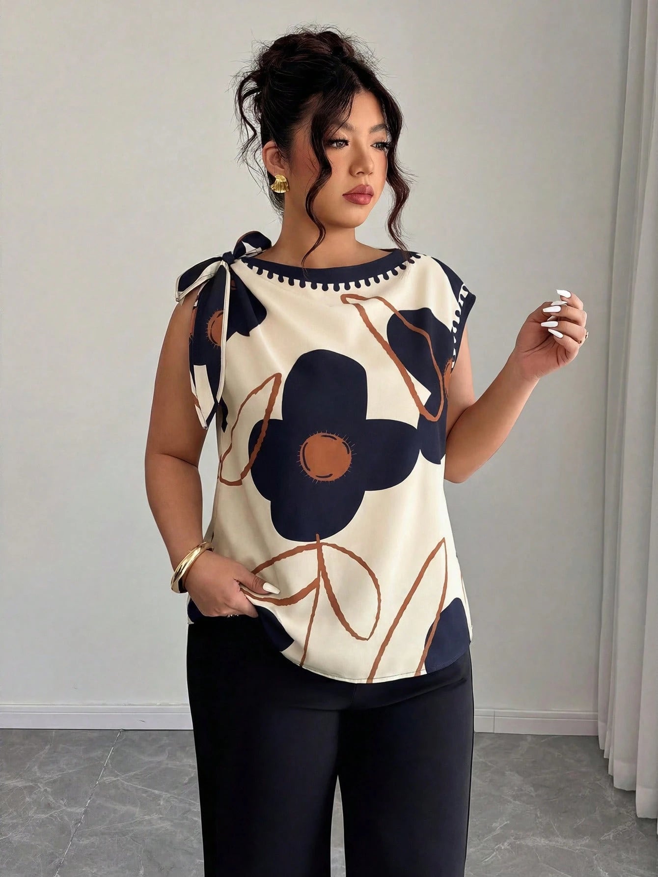 Elenzga Plus Size Women's Spring/Summer Solid Color Floral Print Tie Shoulder Blouse, Suitable For Casual, Fashion Street Style, And Office Wear Chic
