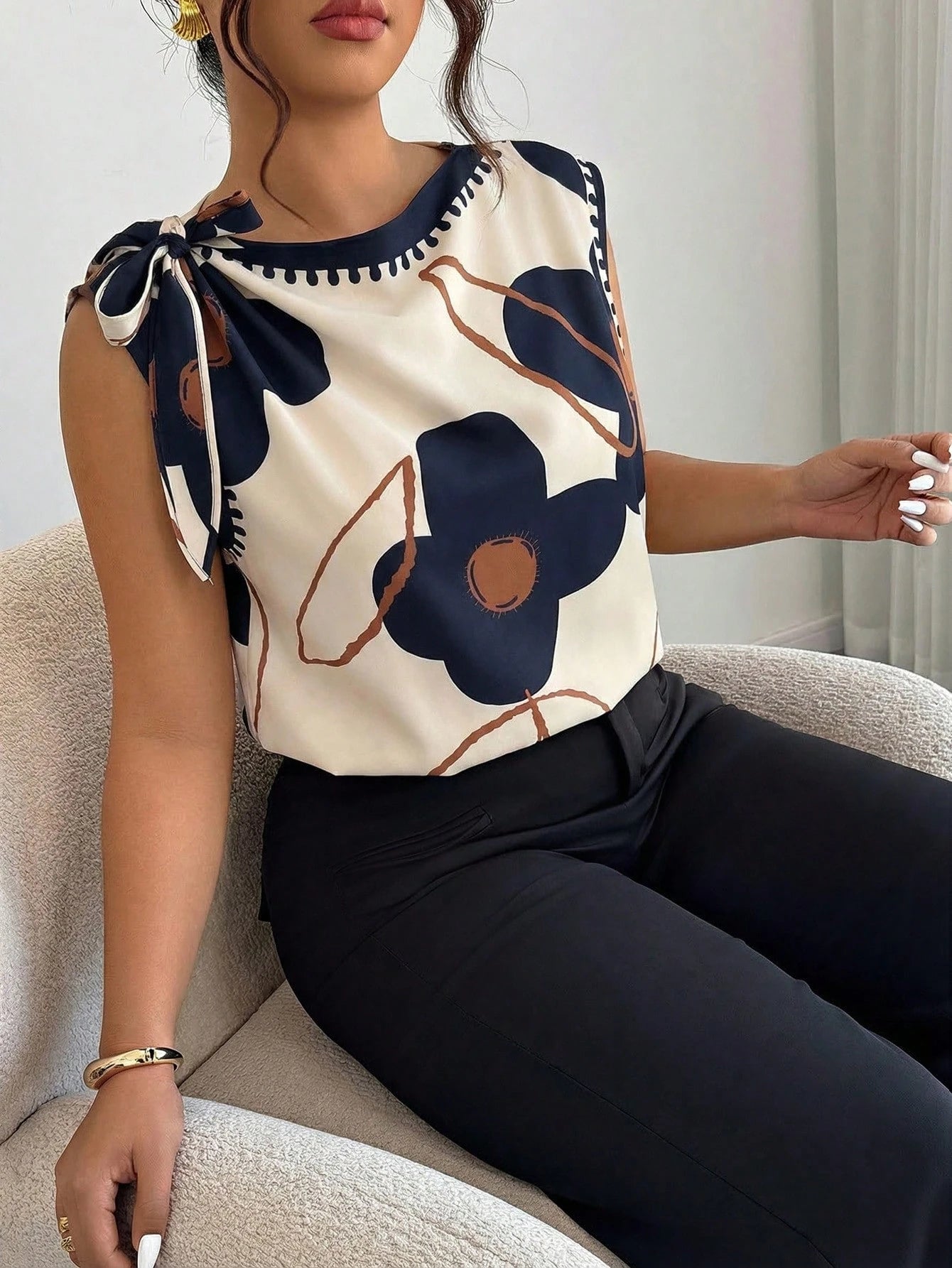 Elenzga Plus Size Women's Spring/Summer Solid Color Floral Print Tie Shoulder Blouse, Suitable For Casual, Fashion Street Style, And Office Wear Chic