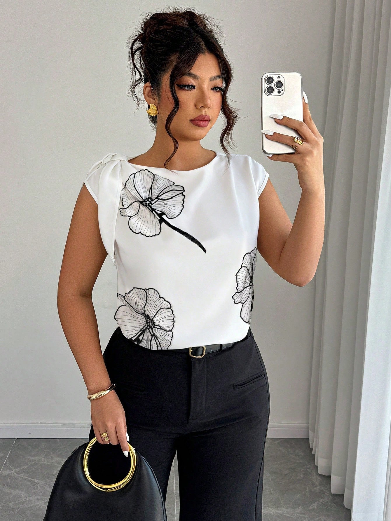 Elenzga Plus Size Women's Spring/Summer Solid Color Floral Print Tie Shoulder Blouse, Suitable For Casual, Fashion Street Style, And Office Wear Chic