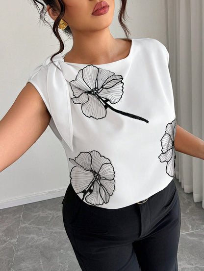 Elenzga Plus Size Women's Spring/Summer Solid Color Floral Print Tie Shoulder Blouse, Suitable For Casual, Fashion Street Style, And Office Wear Chic