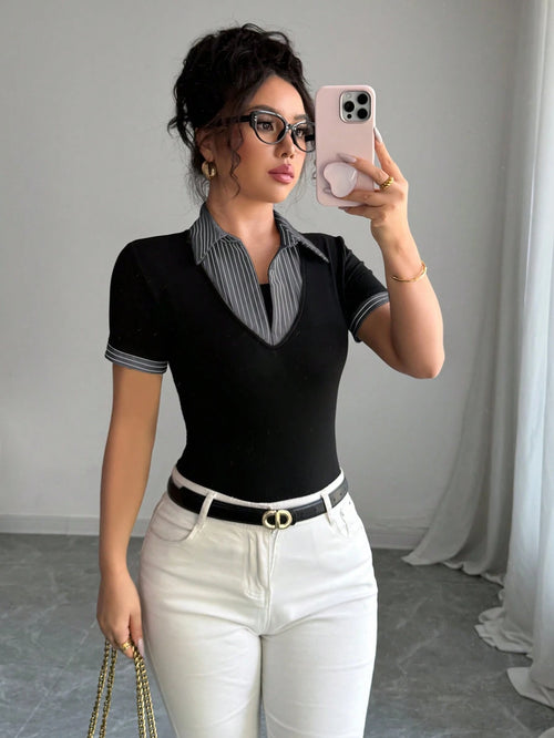 Elenzga Stylish Women's Colorblock Fabric T-Shirt With Short Sleeves And Striped Shirt Collar Detail Going Out Tops