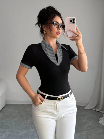 Elenzga Stylish Women's Colorblock Fabric T-Shirt With Short Sleeves And Striped Shirt Collar Detail Going Out Tops