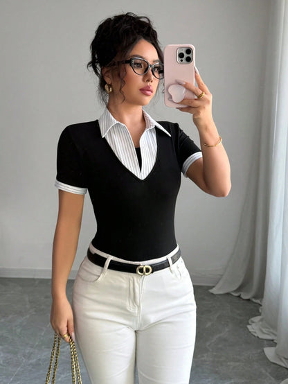 Elenzga Stylish Women's Colorblock Fabric T-Shirt With Short Sleeves And Striped Shirt Collar Detail Going Out Tops