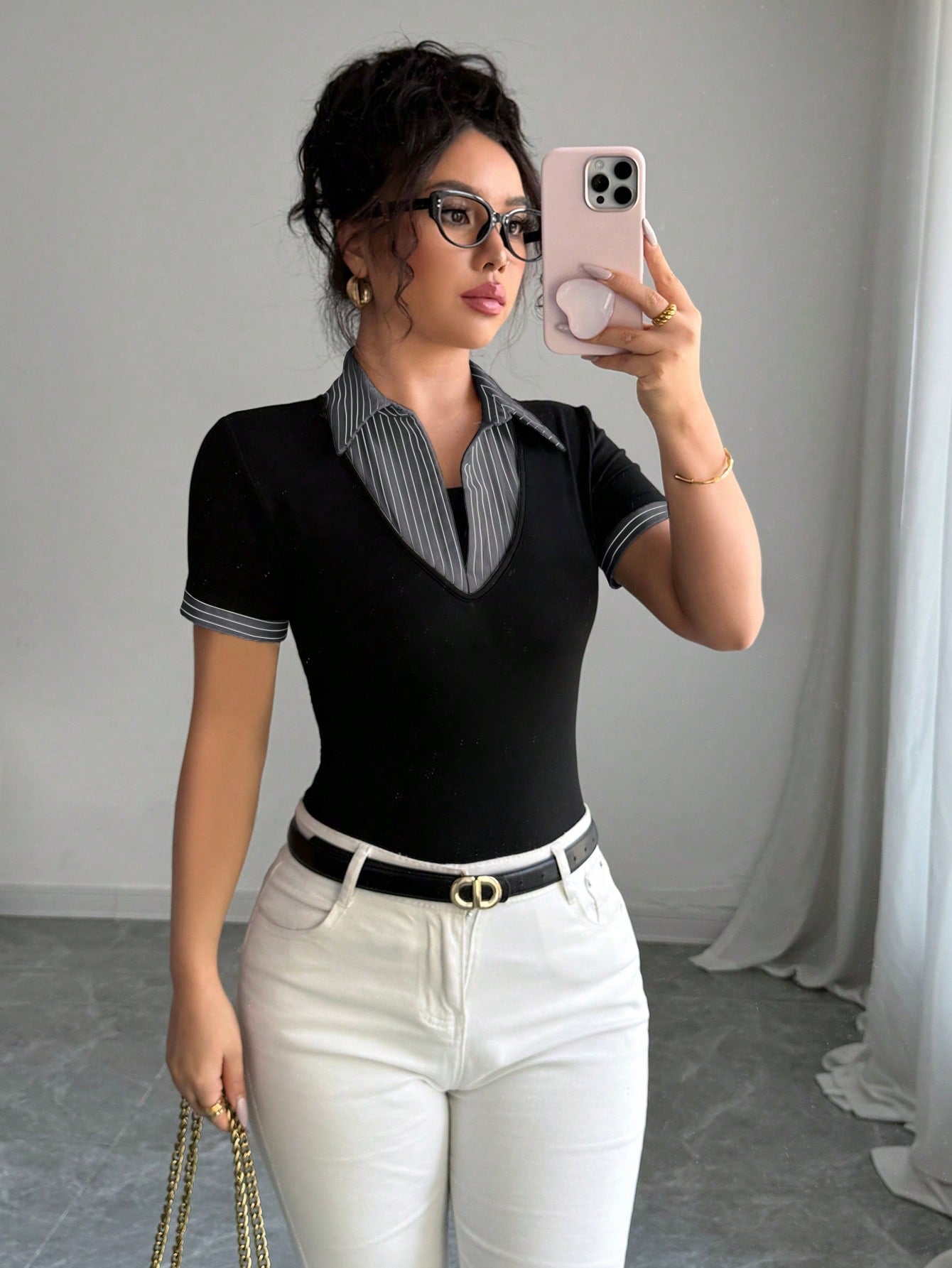 Elenzga Stylish Women's Colorblock Fabric T-Shirt With Short Sleeves And Striped Shirt Collar Detail Going Out Tops