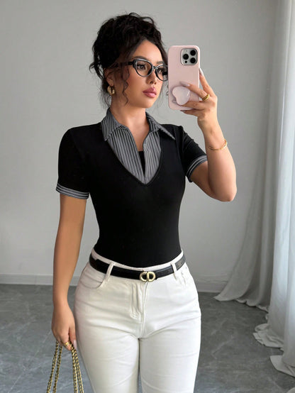 Elenzga Stylish Women's Colorblock Fabric T-Shirt With Short Sleeves And Striped Shirt Collar Detail Going Out Tops