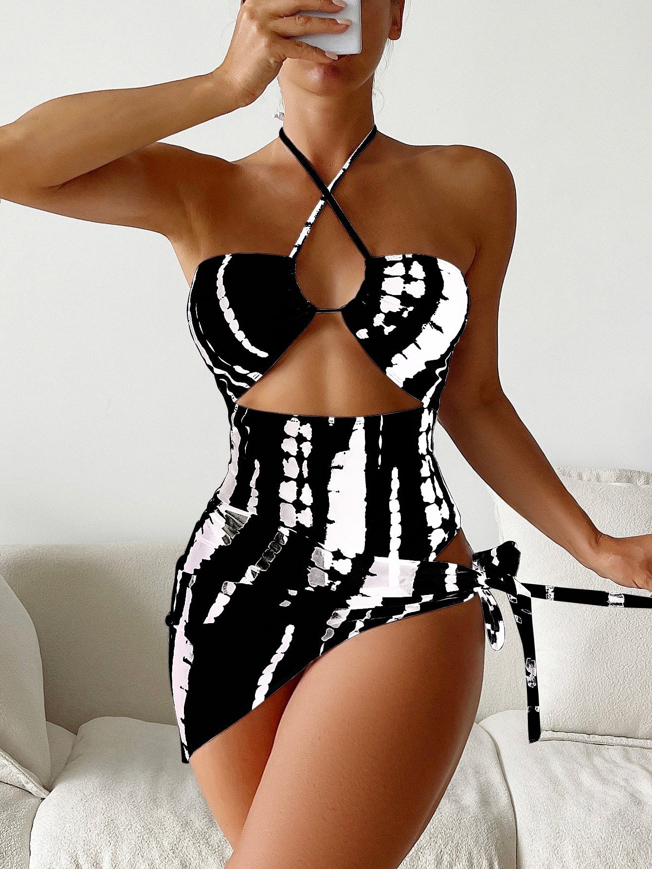 Elenzga Summer Beach Random Tie Dye Cut Out Tie Back One Piece Swimsuit & Beach Skirt