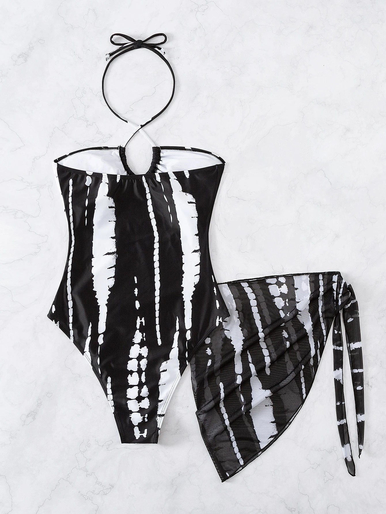 Elenzga Summer Beach Random Tie Dye Cut Out Tie Back One Piece Swimsuit & Beach Skirt