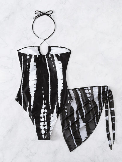 Elenzga Summer Beach Random Tie Dye Cut Out Tie Back One Piece Swimsuit & Beach Skirt