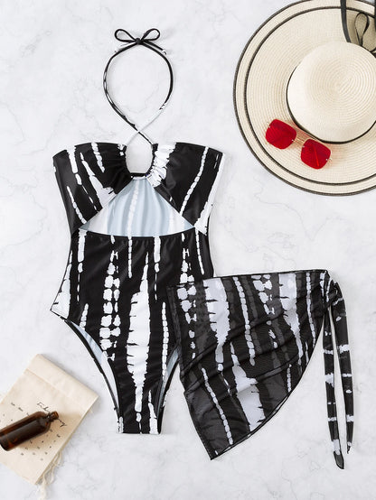 Elenzga Summer Beach Random Tie Dye Cut Out Tie Back One Piece Swimsuit & Beach Skirt