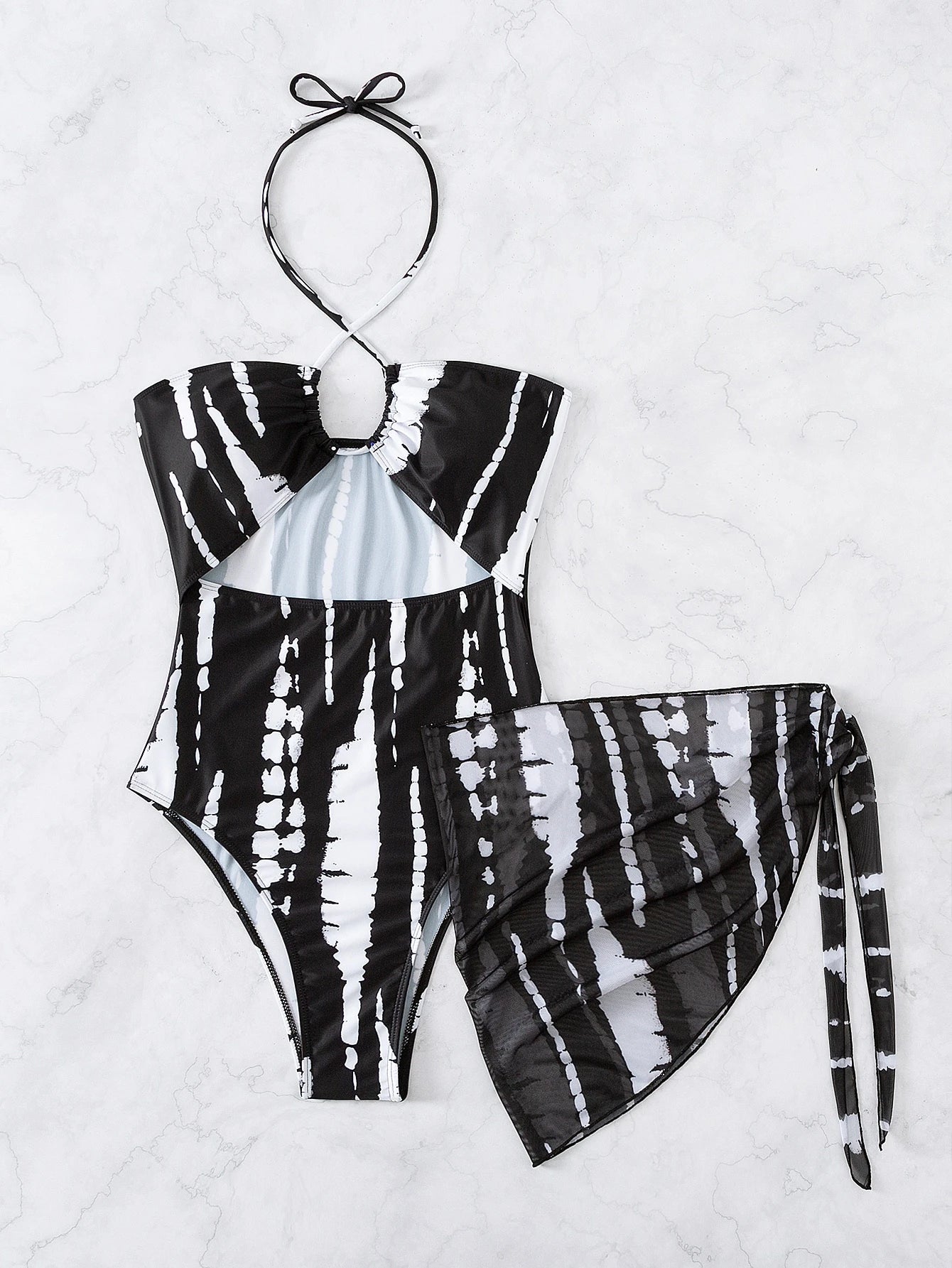Elenzga Summer Beach Random Tie Dye Cut Out Tie Back One Piece Swimsuit & Beach Skirt