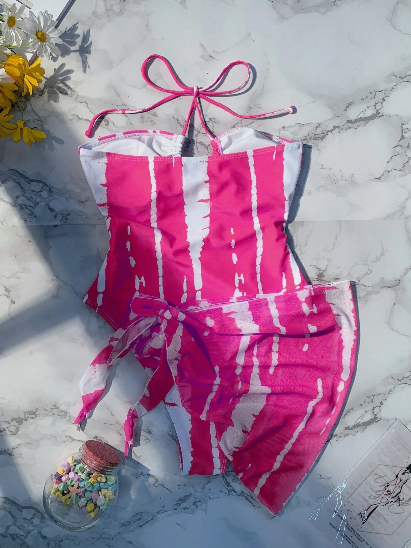 Elenzga Summer Beach Random Tie Dye Cut Out Tie Back One Piece Swimsuit & Beach Skirt