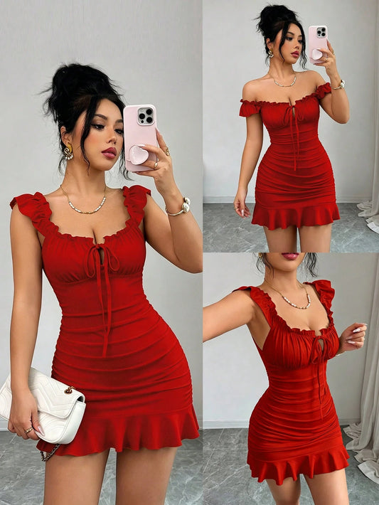 Elenzga Vintage Elegant Solid Color Summer Front Tie Ruffle Dress