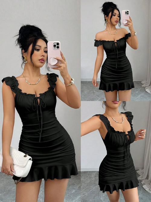 Elenzga Vintage Ruffled Hem Bodycon Dress,Black,Summer,70's,Club Night,Party Disco,Elegant French Style Ruffle Waist Minidress For Ladies Date Vacation