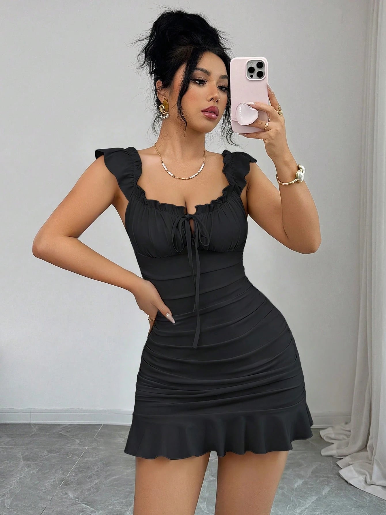 Elenzga Vintage Ruffled Hem Bodycon Dress,Black,Summer,70's,Club Night,Party Disco,Elegant French Style Ruffle Waist Minidress For Ladies Date Vacation