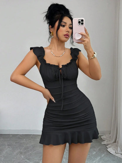 Elenzga Vintage Ruffled Hem Bodycon Dress,Black,Summer,70's,Club Night,Party Disco,Elegant French Style Ruffle Waist Minidress For Ladies Date Vacation