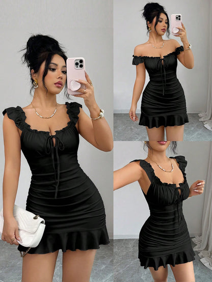 Elenzga Vintage Ruffled Hem Bodycon Dress,Black,Summer,70's,Club Night,Party Disco,Elegant French Style Ruffle Waist Minidress For Ladies Date Vacation
