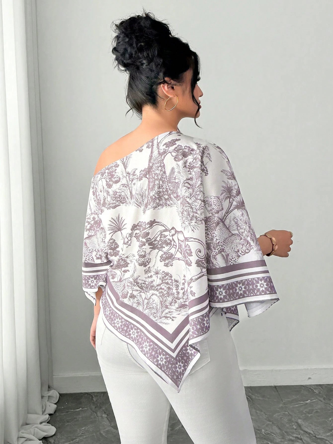 Elenzga White Autumn Elegant Eleganza Vacation Holiday Plus Size Women's Casual Asymmetric Neck Batwing Sleeve Blouse Retro Sunset Print Poncho Top