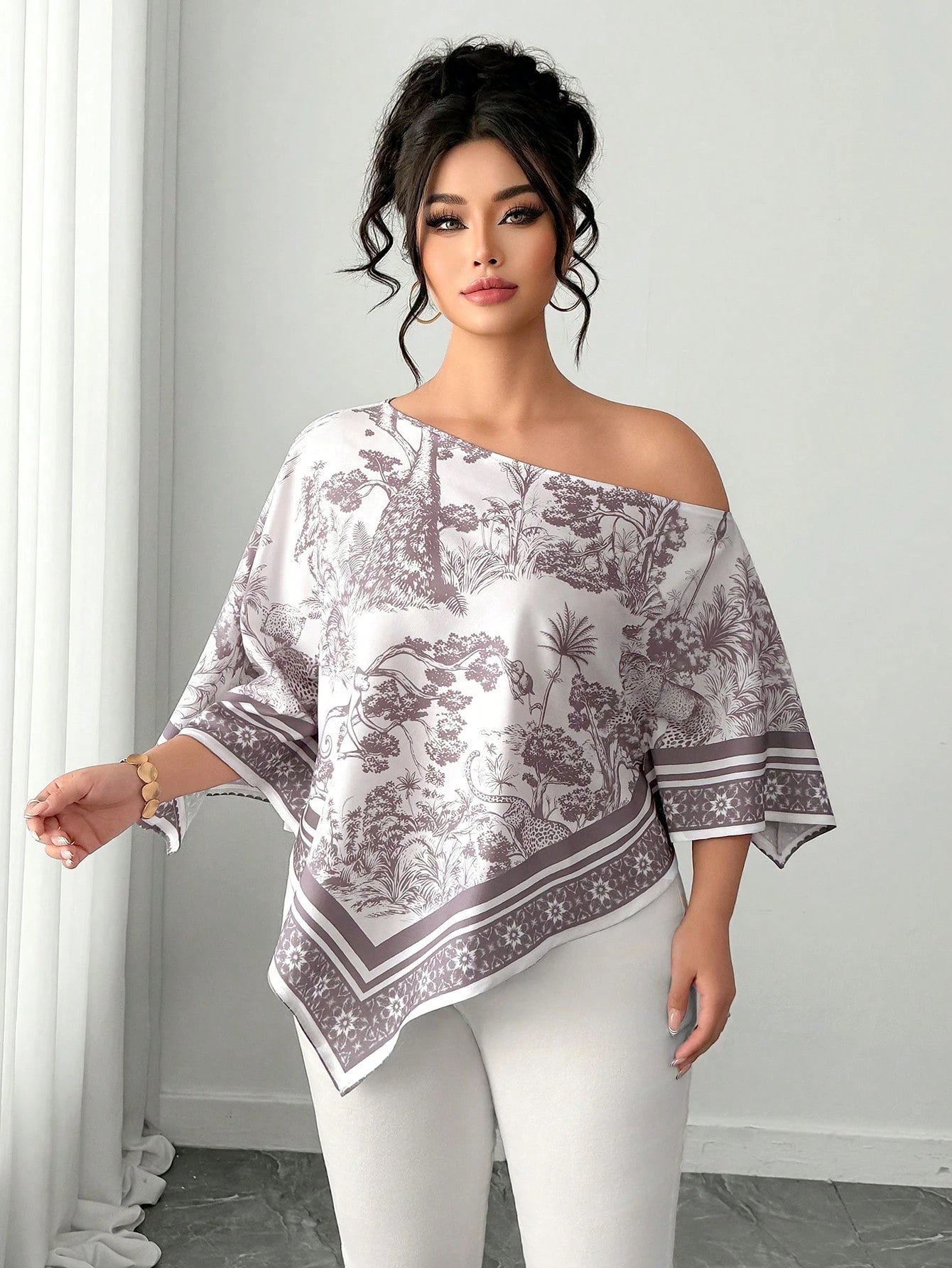 Elenzga White Autumn Elegant Eleganza Vacation Holiday Plus Size Women's Casual Asymmetric Neck Batwing Sleeve Blouse Retro Sunset Print Poncho Top