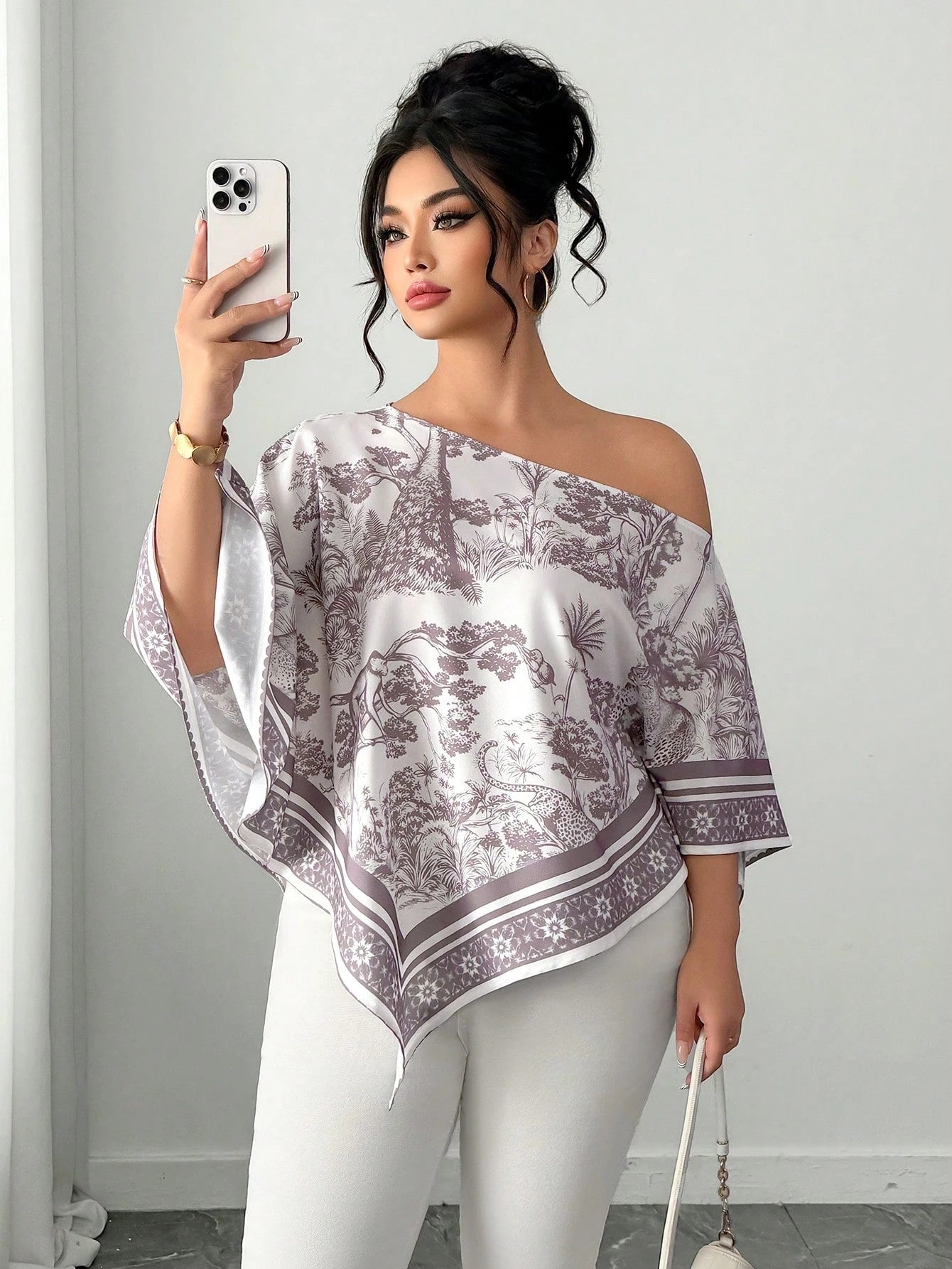 Elenzga White Autumn Elegant Eleganza Vacation Holiday Plus Size Women's Casual Asymmetric Neck Batwing Sleeve Blouse Retro Sunset Print Poncho Top