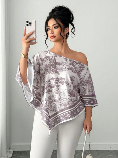 Elenzga White Autumn Elegant Eleganza Vacation Holiday Plus Size Women's Casual Asymmetric Neck Batwing Sleeve Blouse Retro Sunset Print Poncho Top