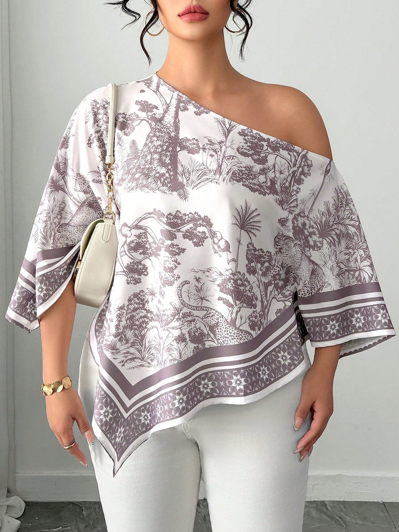 Elenzga White Autumn Elegant Eleganza Vacation Holiday Plus Size Women's Casual Asymmetric Neck Batwing Sleeve Blouse Retro Sunset Print Poncho Top