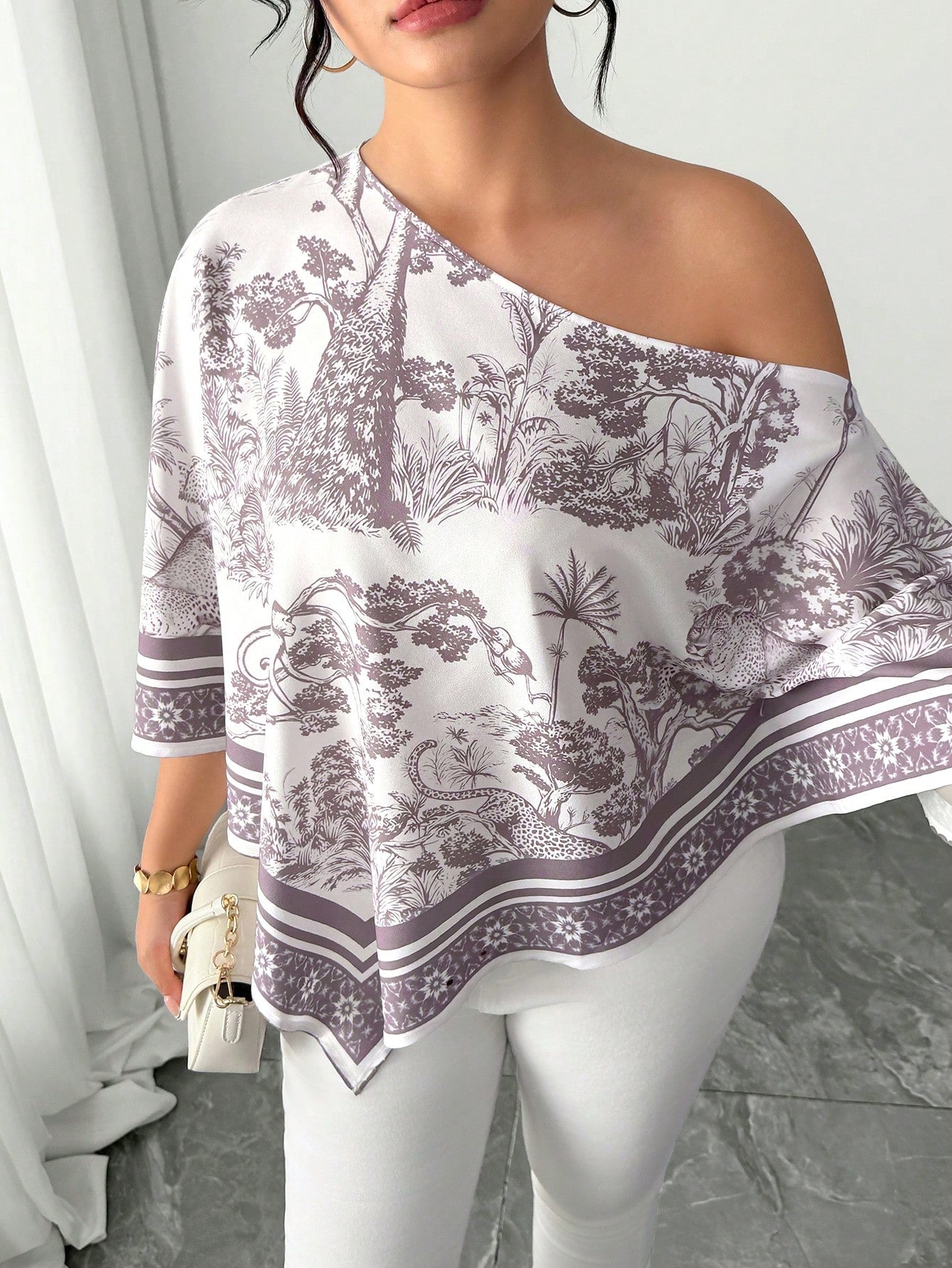 Elenzga White Autumn Elegant Eleganza Vacation Holiday Plus Size Women's Casual Asymmetric Neck Batwing Sleeve Blouse Retro Sunset Print Poncho Top