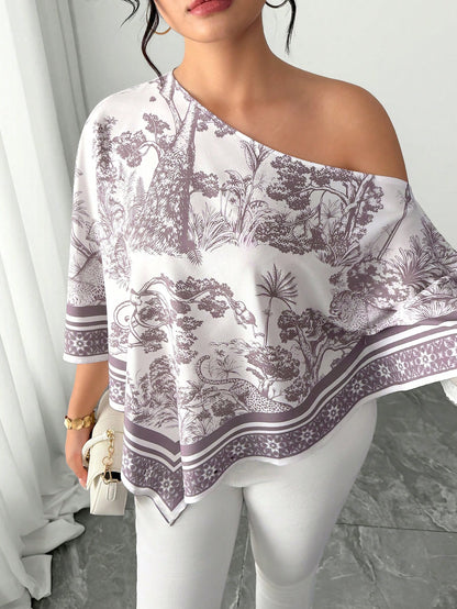 Elenzga White Autumn Elegant Eleganza Vacation Holiday Plus Size Women's Casual Asymmetric Neck Batwing Sleeve Blouse Retro Sunset Print Poncho Top