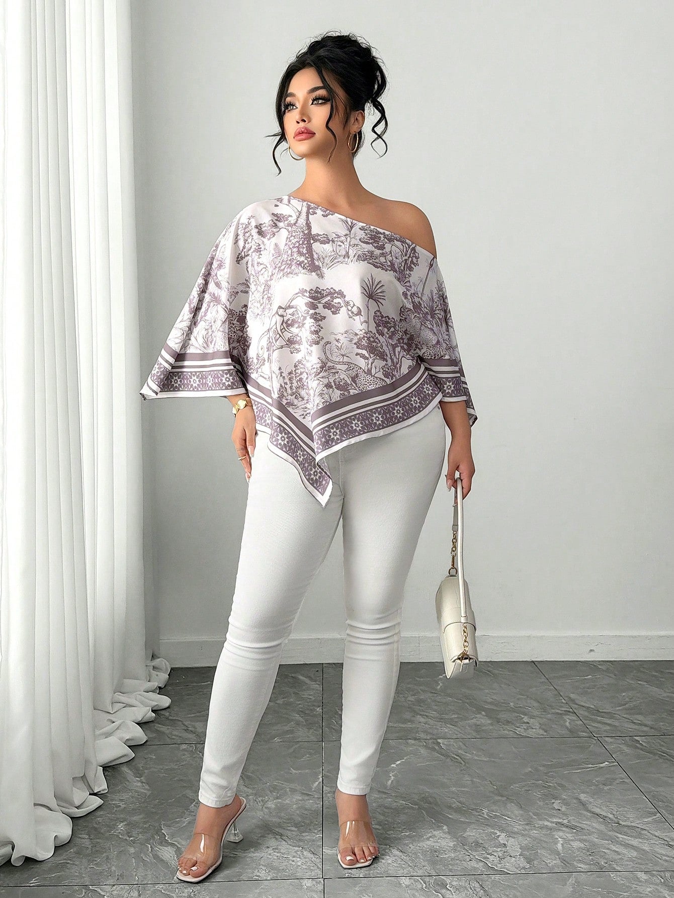 Elenzga White Autumn Elegant Eleganza Vacation Holiday Plus Size Women's Casual Asymmetric Neck Batwing Sleeve Blouse Retro Sunset Print Poncho Top