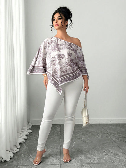 Elenzga White Autumn Elegant Eleganza Vacation Holiday Plus Size Women's Casual Asymmetric Neck Batwing Sleeve Blouse Retro Sunset Print Poncho Top