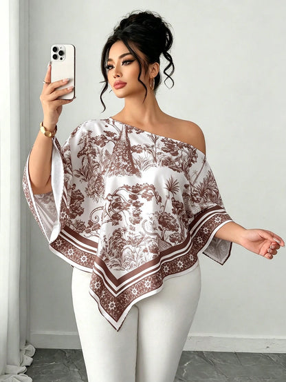 Elenzga White Autumn Elegant Eleganza Vacation Holiday Plus Size Women's Casual Asymmetric Neck Batwing Sleeve Blouse Retro Sunset Print Poncho Top