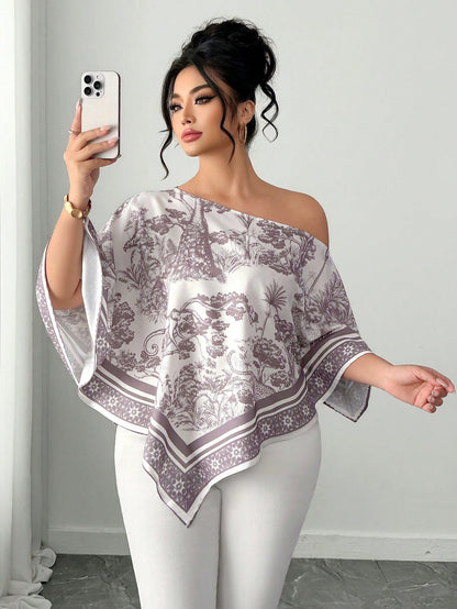 Elenzga White Autumn Elegant Eleganza Vacation Holiday Plus Size Women's Casual Asymmetric Neck Batwing Sleeve Blouse Retro Sunset Print Poncho Top
