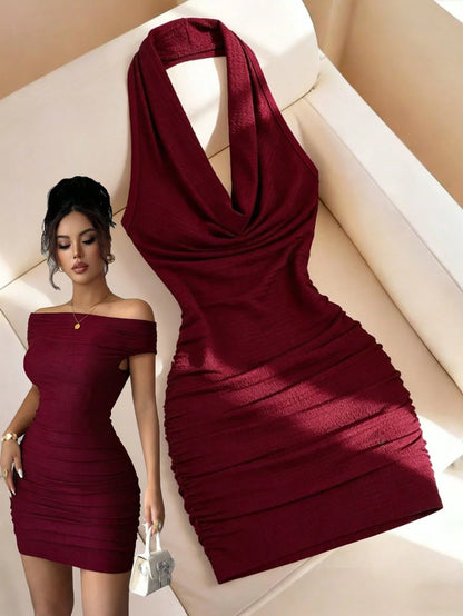 Elenzga Wine Red Women's Fitted Textured Pleated Versatile Elegant Design Dress