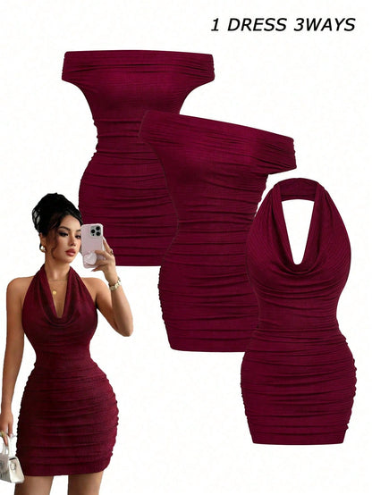 Elenzga Wine Red Women's Fitted Textured Pleated Versatile Elegant Design Dress