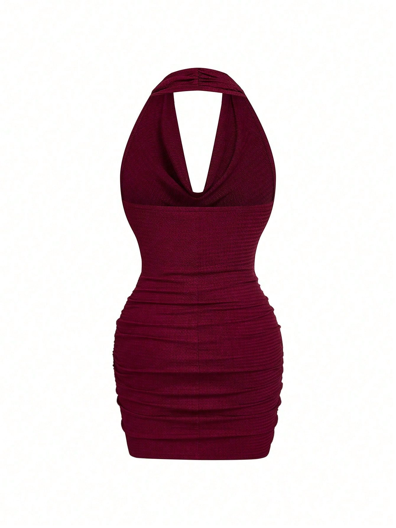 Elenzga Wine Red Women's Fitted Textured Pleated Versatile Elegant Design Dress