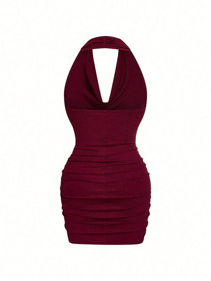 Elenzga Wine Red Women's Fitted Textured Pleated Versatile Elegant Design Dress