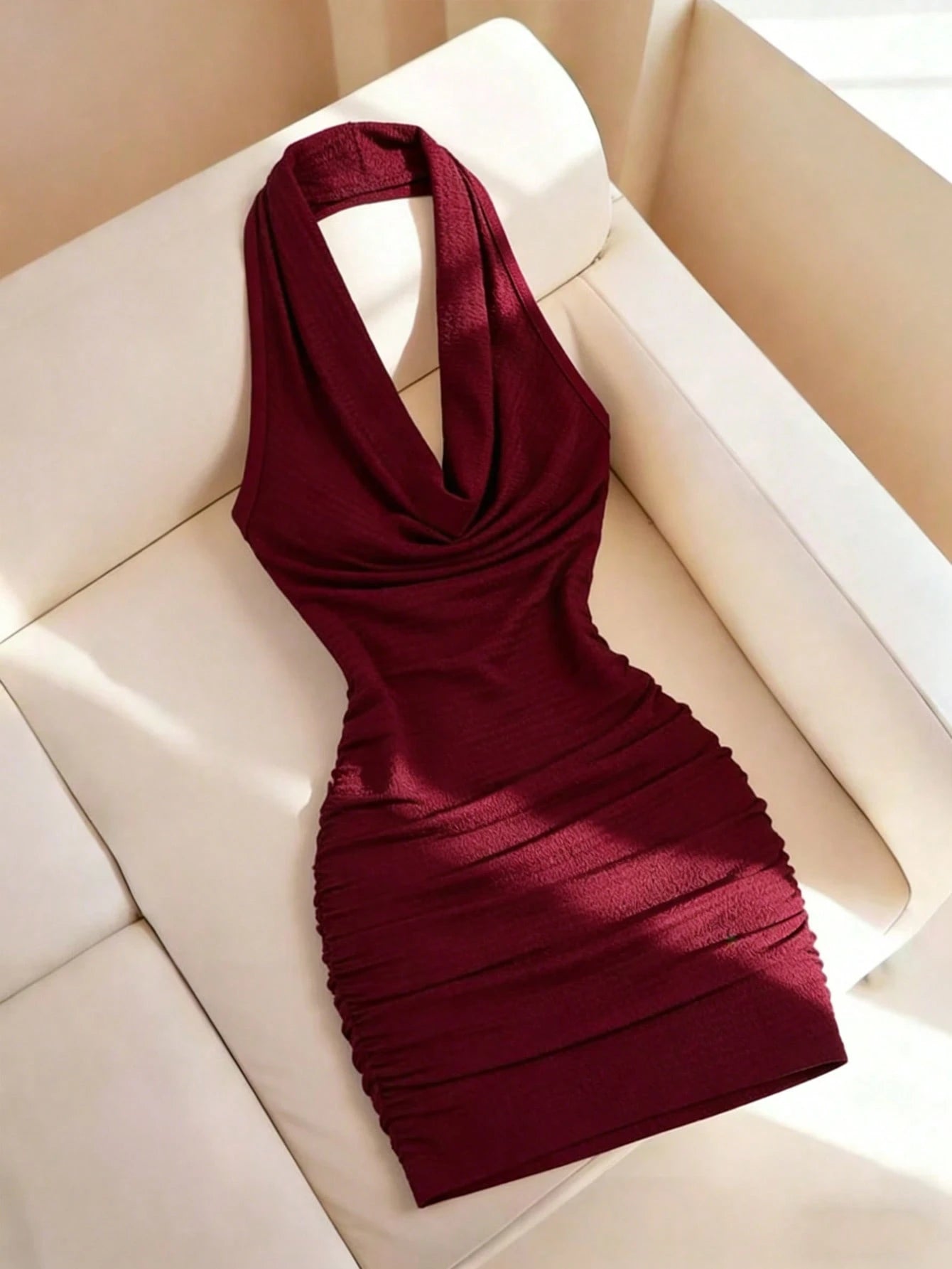 Elenzga Wine Red Women's Fitted Textured Pleated Versatile Elegant Design Dress