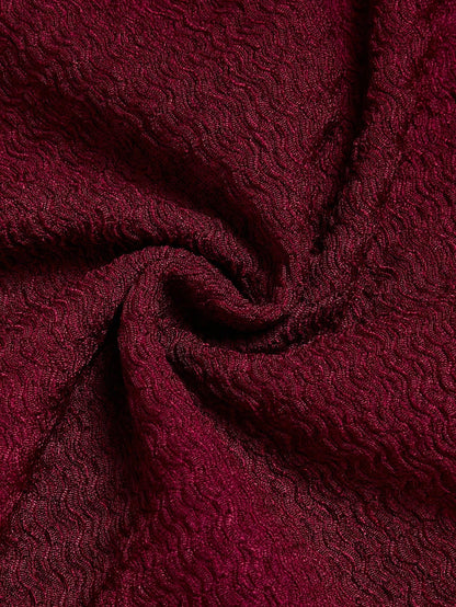 Elenzga Wine Red Women's Fitted Textured Pleated Versatile Elegant Design Dress