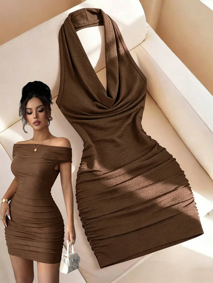 Elenzga Wine Red Women's Fitted Textured Pleated Versatile Elegant Design Dress