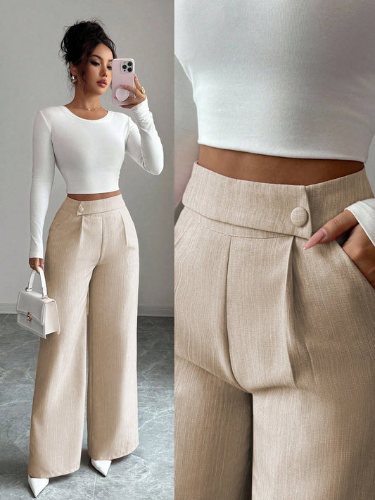 Elenzga Women's Bamboo Fabric Khaki Summer Business Casual Office Pants,Elegant Buckle Design Front Overlay Straight Leg Loose Flowy Teacher Uniform Trousers