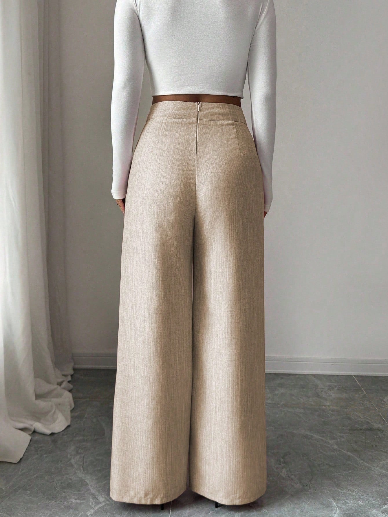 Elenzga Women's Bamboo Fabric Khaki Summer Business Casual Office Pants,Elegant Buckle Design Front Overlay Straight Leg Loose Flowy Teacher Uniform Trousers