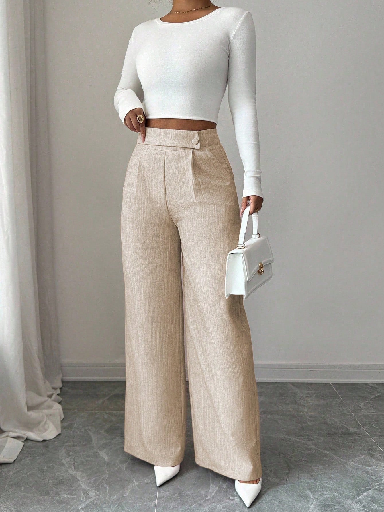 Elenzga Women's Bamboo Fabric Khaki Summer Business Casual Office Pants,Elegant Buckle Design Front Overlay Straight Leg Loose Flowy Teacher Uniform Trousers