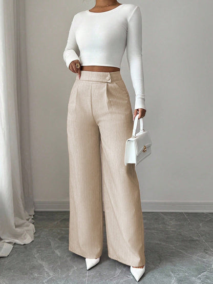 Elenzga Women's Bamboo Fabric Khaki Summer Business Casual Office Pants,Elegant Buckle Design Front Overlay Straight Leg Loose Flowy Teacher Uniform Trousers