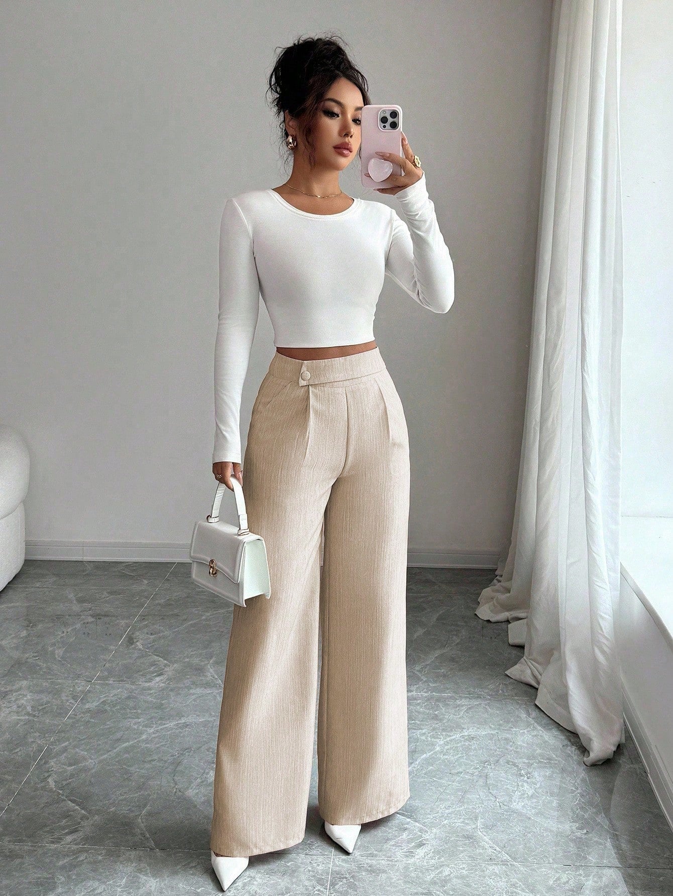 Elenzga Women's Bamboo Fabric Khaki Summer Business Casual Office Pants,Elegant Buckle Design Front Overlay Straight Leg Loose Flowy Teacher Uniform Trousers