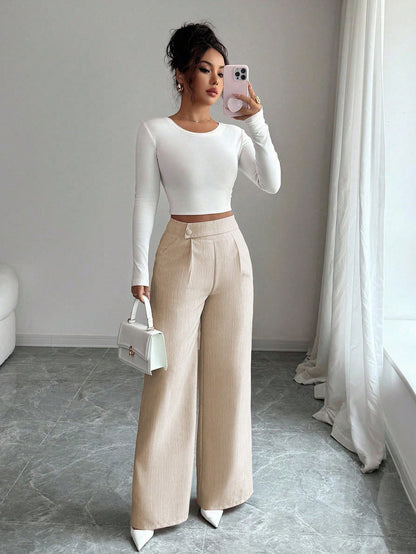 Elenzga Women's Bamboo Fabric Khaki Summer Business Casual Office Pants,Elegant Buckle Design Front Overlay Straight Leg Loose Flowy Teacher Uniform Trousers
