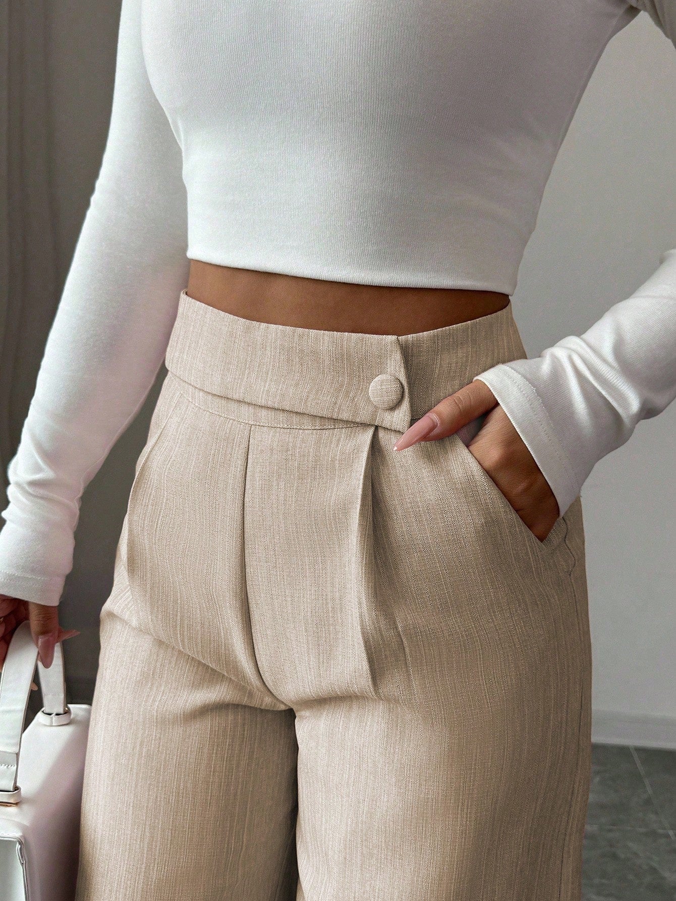 Elenzga Women's Bamboo Fabric Khaki Summer Business Casual Office Pants,Elegant Buckle Design Front Overlay Straight Leg Loose Flowy Teacher Uniform Trousers