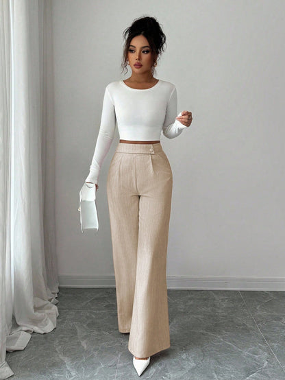 Elenzga Women's Bamboo Fabric Khaki Summer Business Casual Office Pants,Elegant Buckle Design Front Overlay Straight Leg Loose Flowy Teacher Uniform Trousers