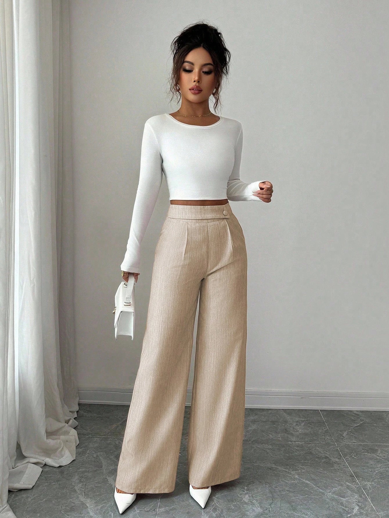 Elenzga Women's Bamboo Fabric Khaki Summer Business Casual Office Pants,Elegant Buckle Design Front Overlay Straight Leg Loose Flowy Teacher Uniform Trousers