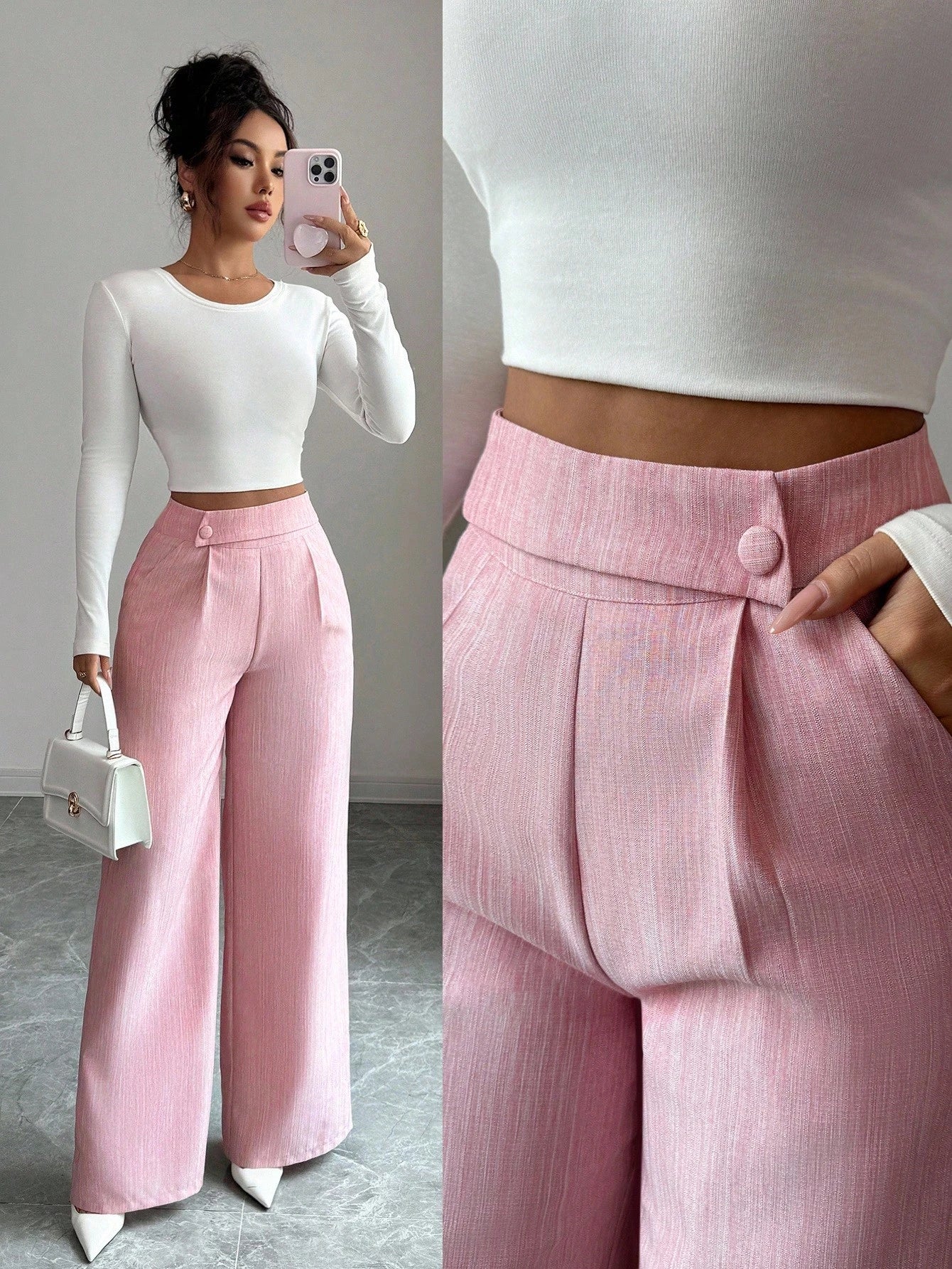 Elenzga Women's Bamboo Fabric Khaki Summer Business Casual Office Pants,Elegant Buckle Design Front Overlay Straight Leg Loose Flowy Teacher Uniform Trousers